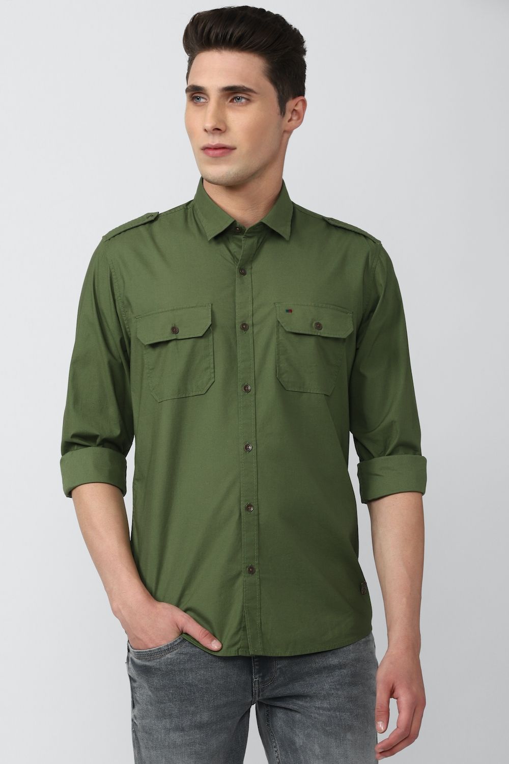 Men Olive Slim Fit Solid Full Sleeves Casual Shirt