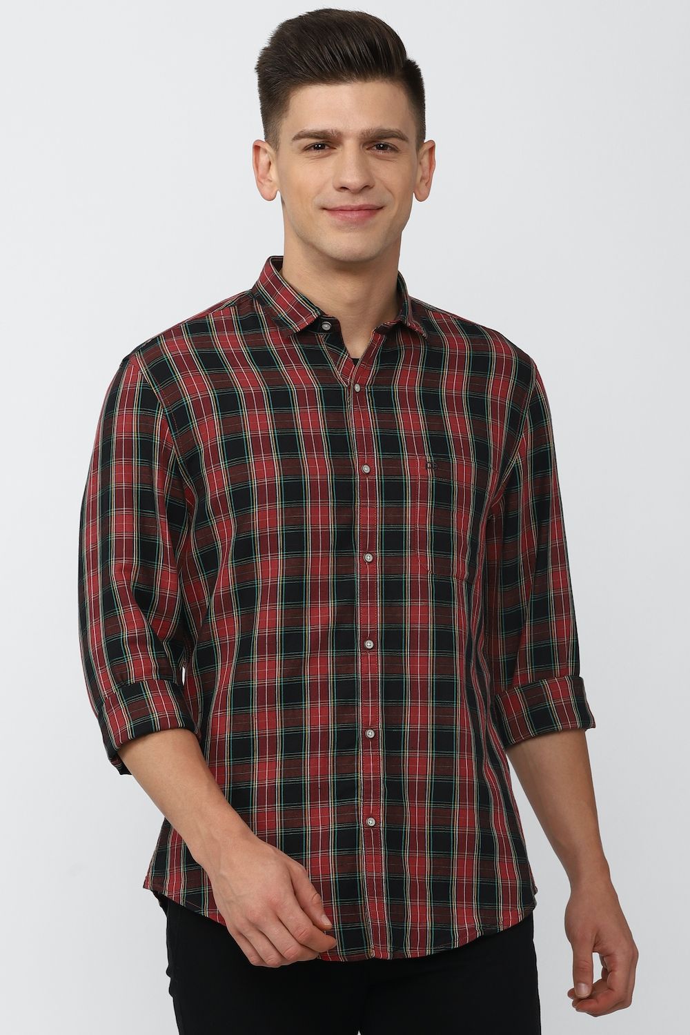 Men Red Super Slim Fit Check Full Sleeves Casual Shirt