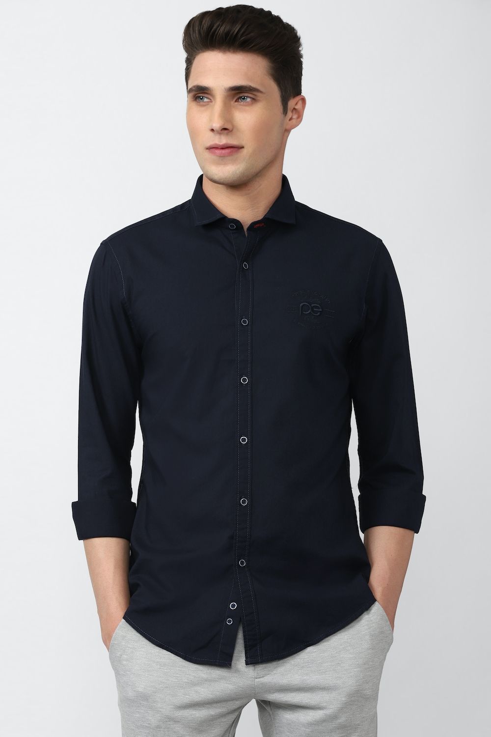 Men Navy Super Slim Fit Solid Full Sleeves Casual Shirt