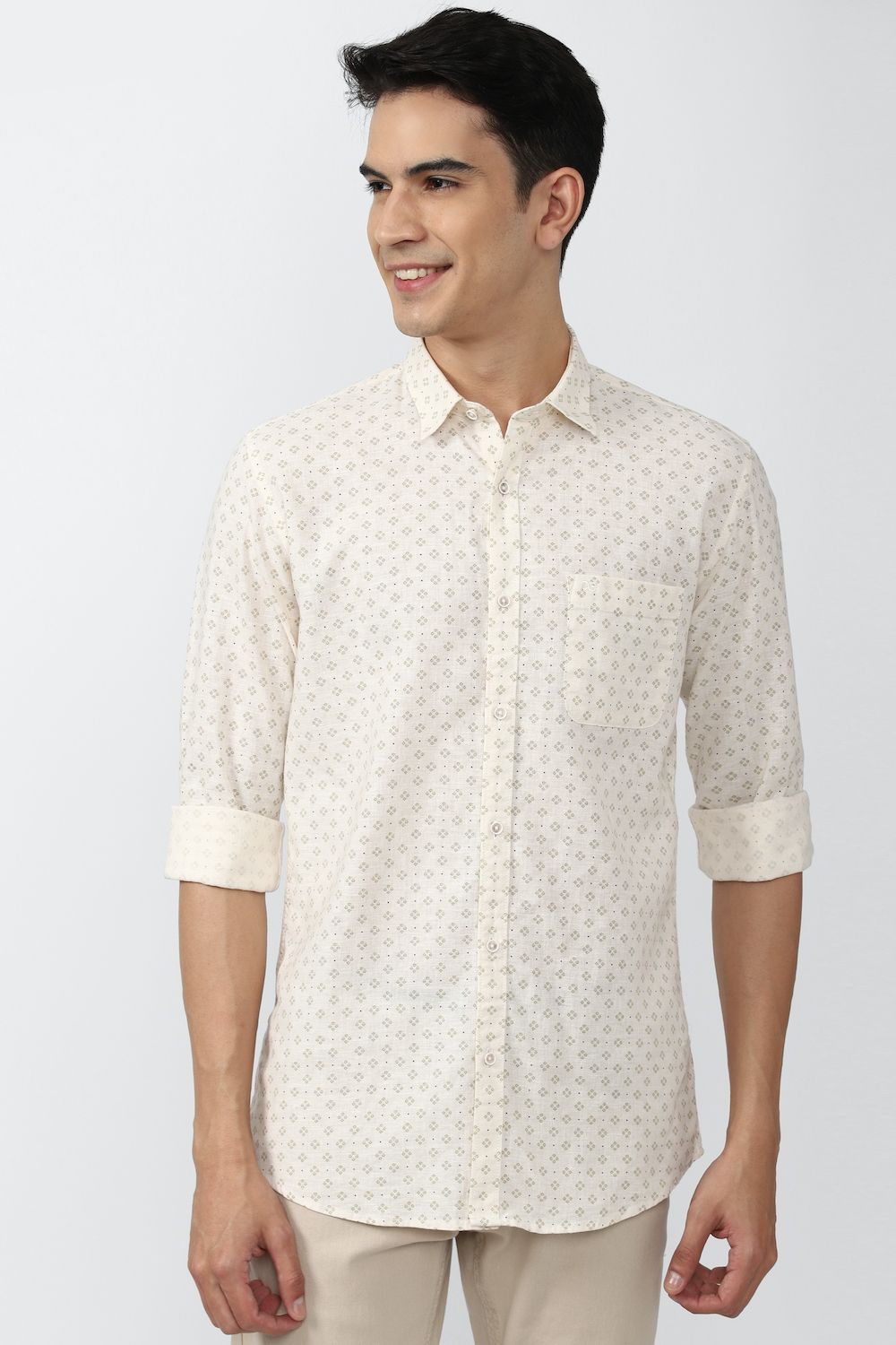 Men Cream Super Slim Fit Print Full Sleeves Casual Shirt