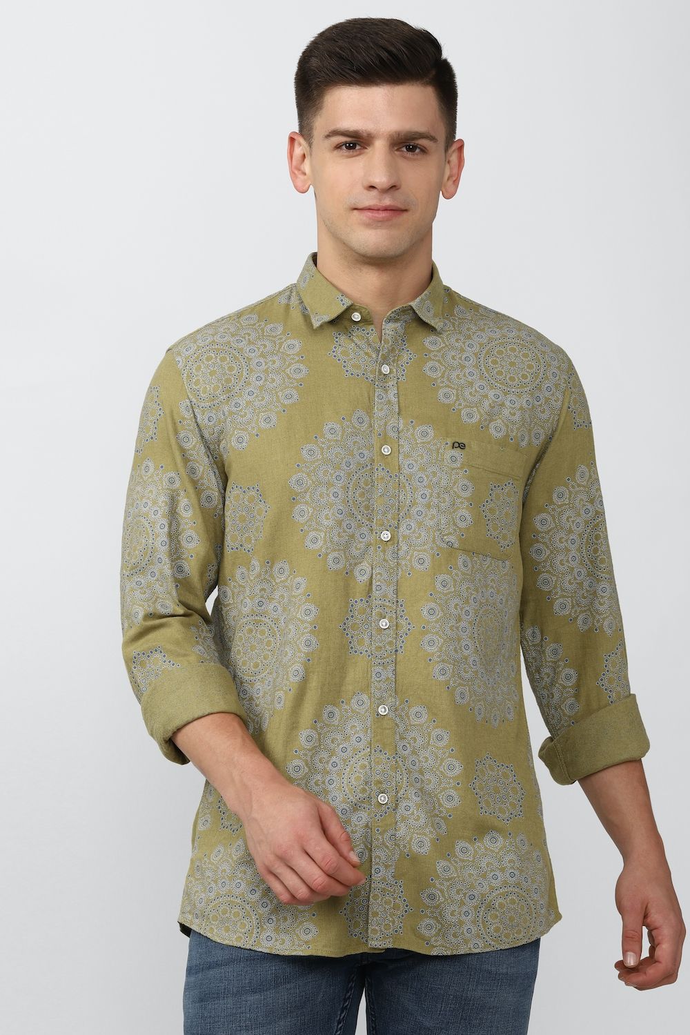Men Olive Super Slim Fit Print Full Sleeves Casual Shirt