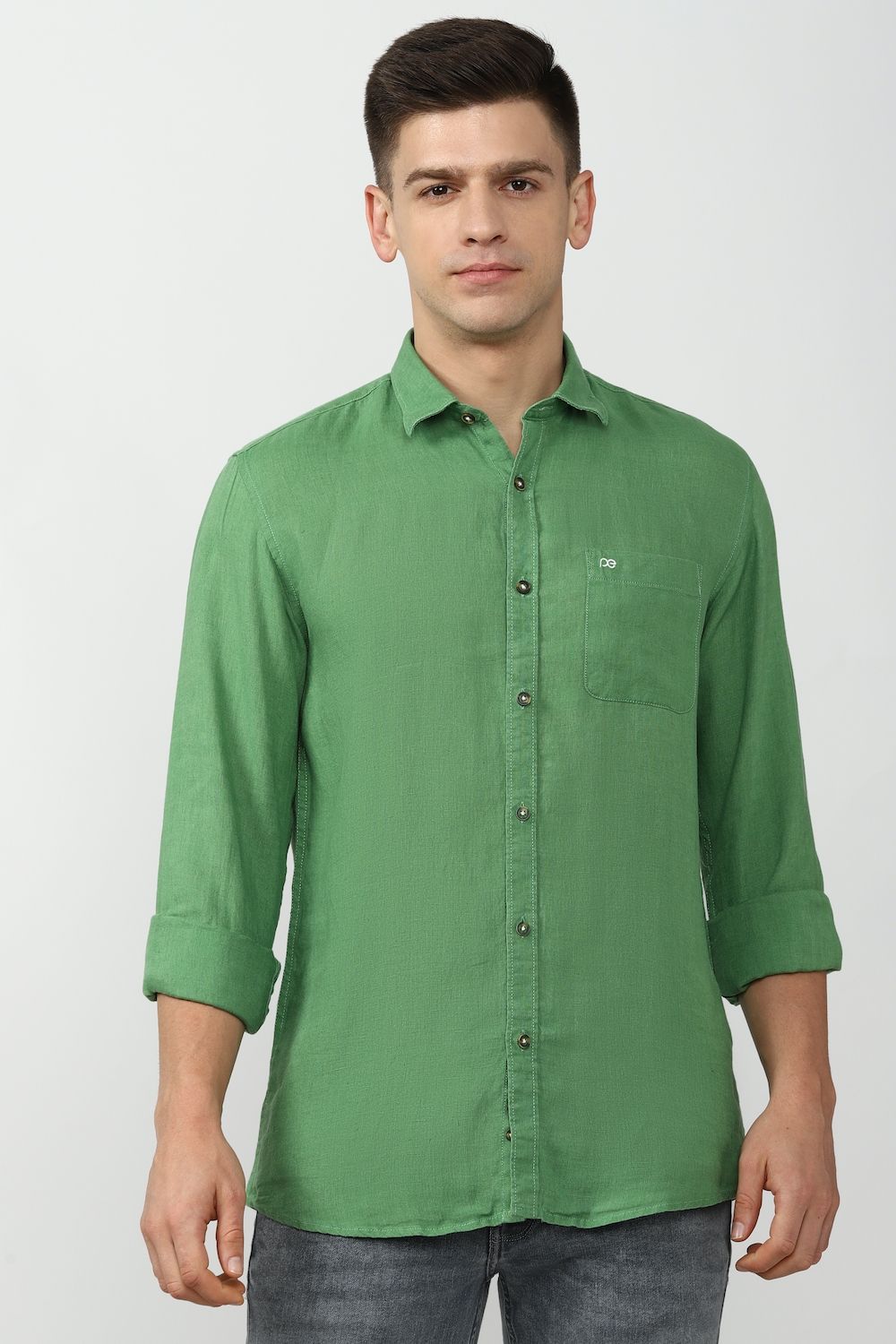 Men Green Slim Fit Textured Full Sleeves Casual Shirt
