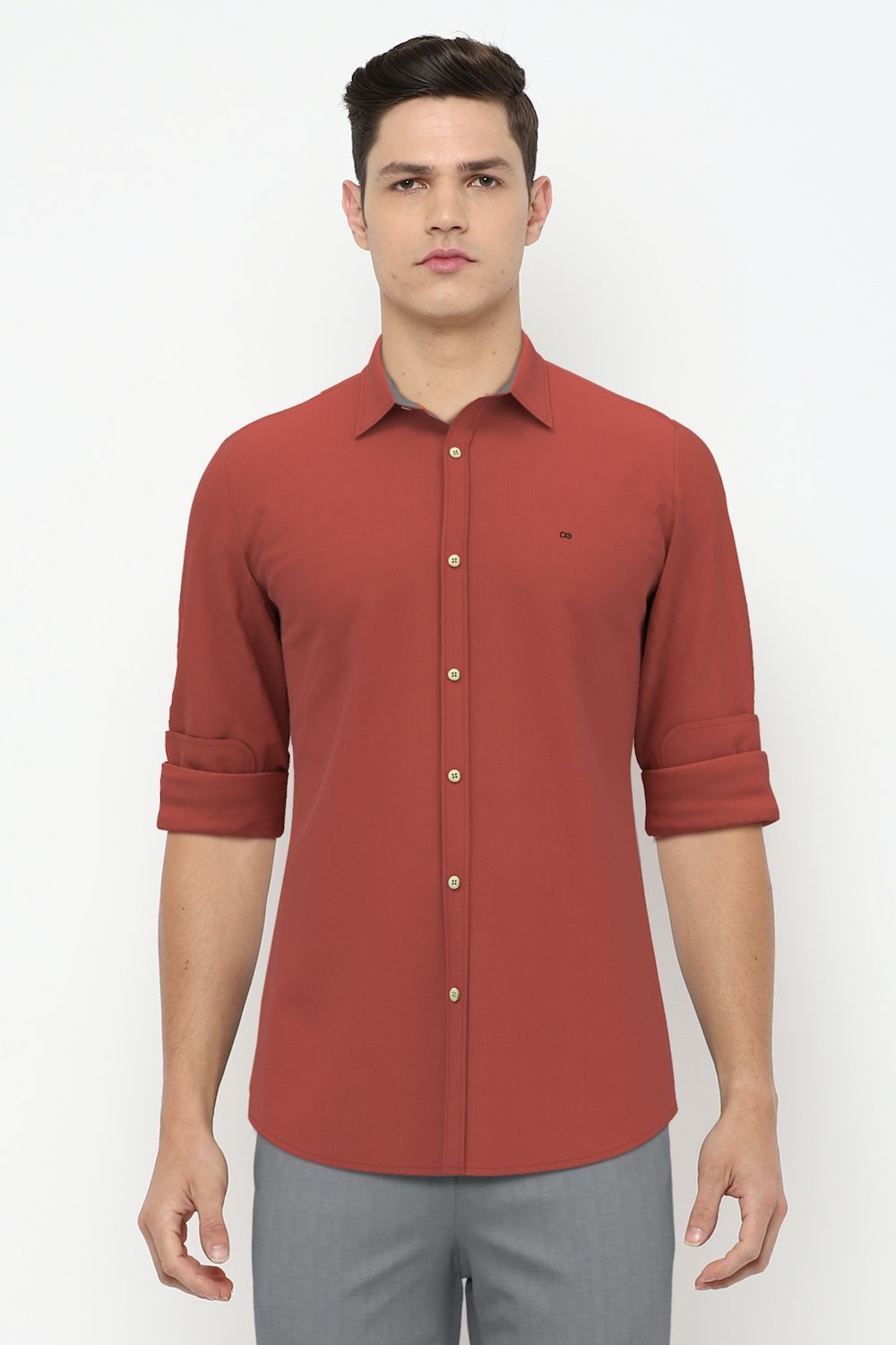 Men Brown Slim Fit Solid Full Sleeves Casual Shirt
