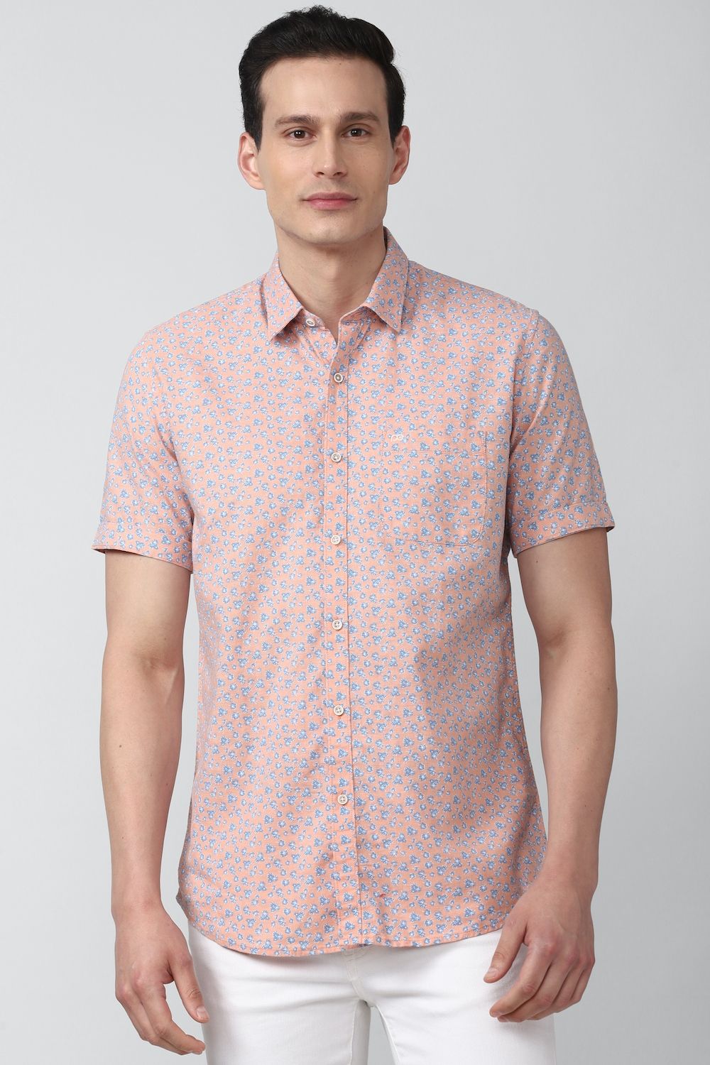 Men Peach Slim Fit Print Half Sleeves Casual Shirt