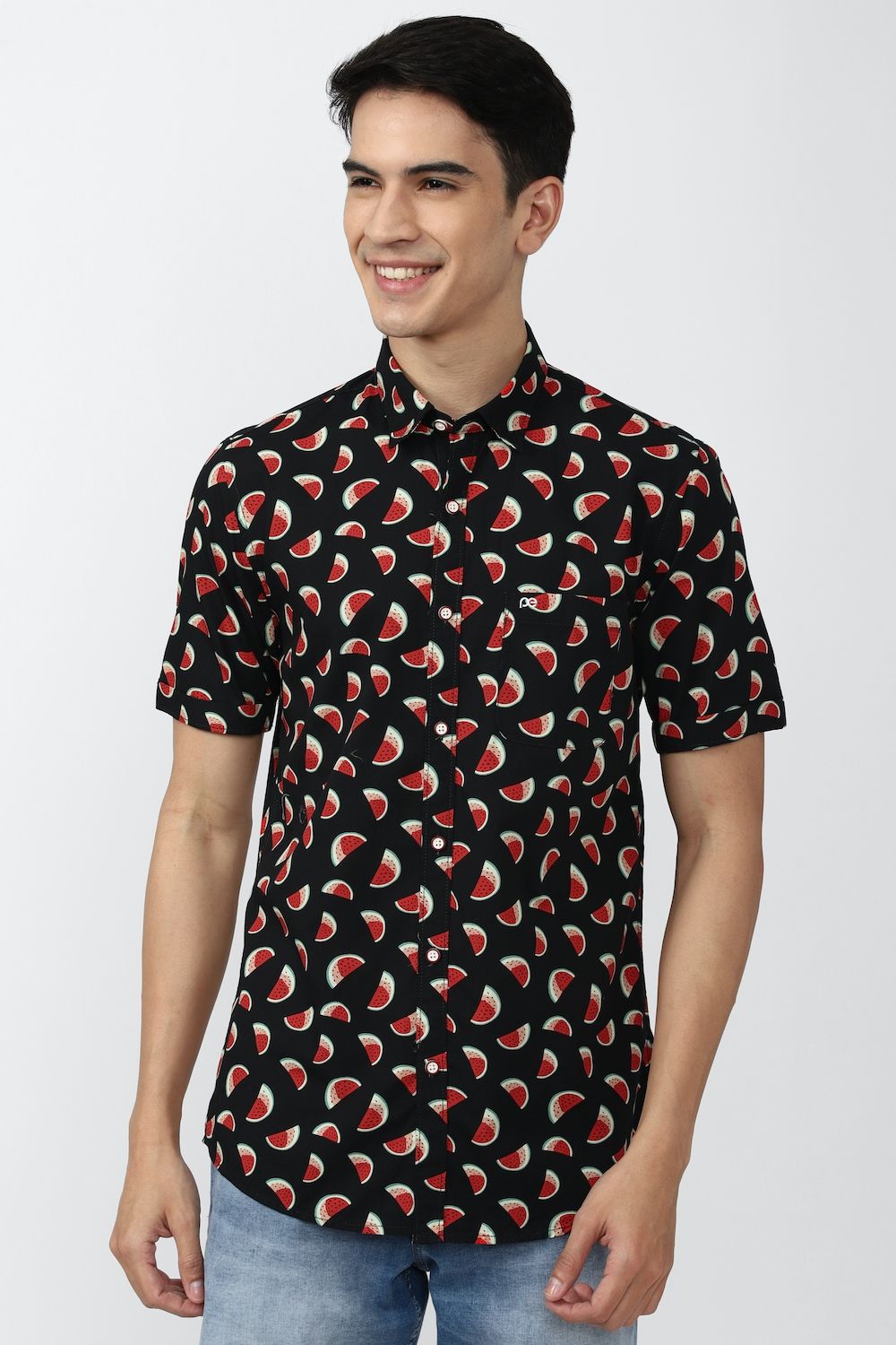 Men Black Slim Fit Print Half Sleeves Casual Shirt