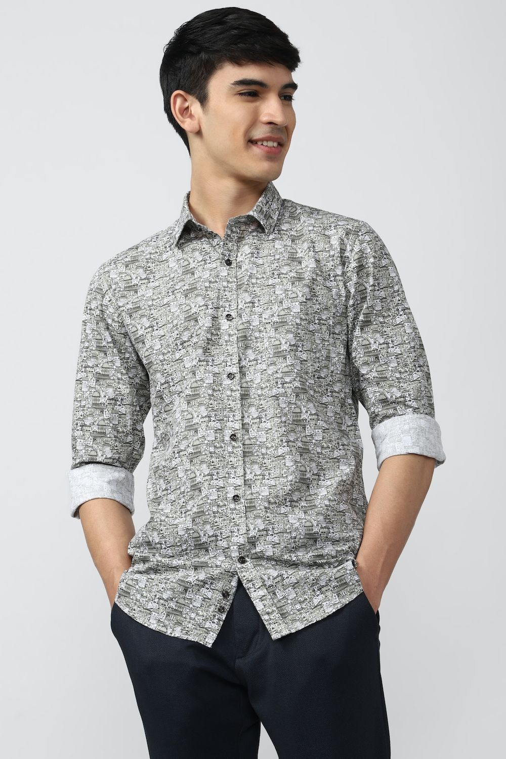 Men Grey Slim Fit Print Full Sleeves Casual Shirt