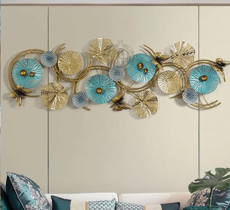 Metal Wall Art Lotus Leaves Wall Hanging Wall Decor Sculpture (46 X 17 Inch) For Home Hotel Restauran Decoration. (16-BUTTERFLY-BLUgold)