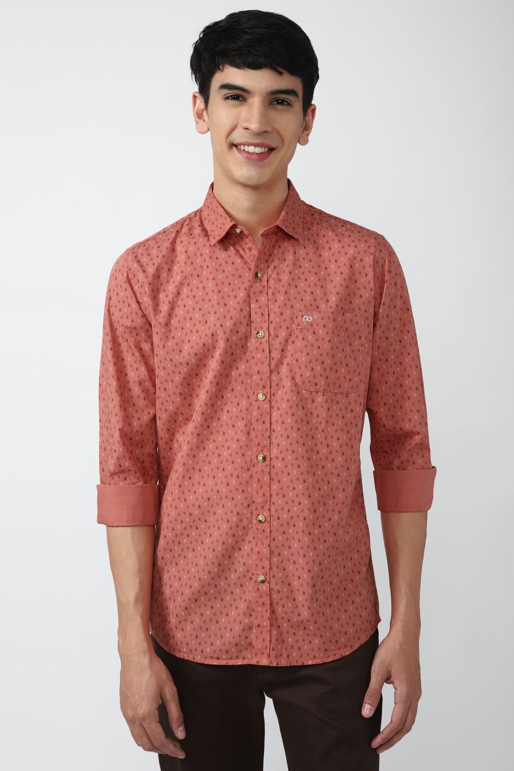 Men Peach Slim Fit Print Full Sleeves Casual Shirt