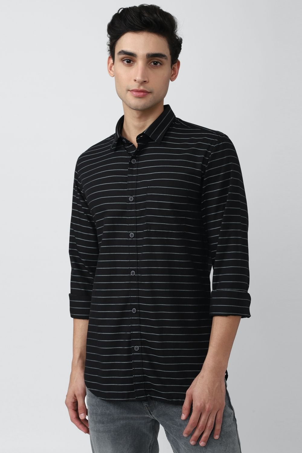 Men Black Slim Fit Stripe Full Sleeves Casual Shirt