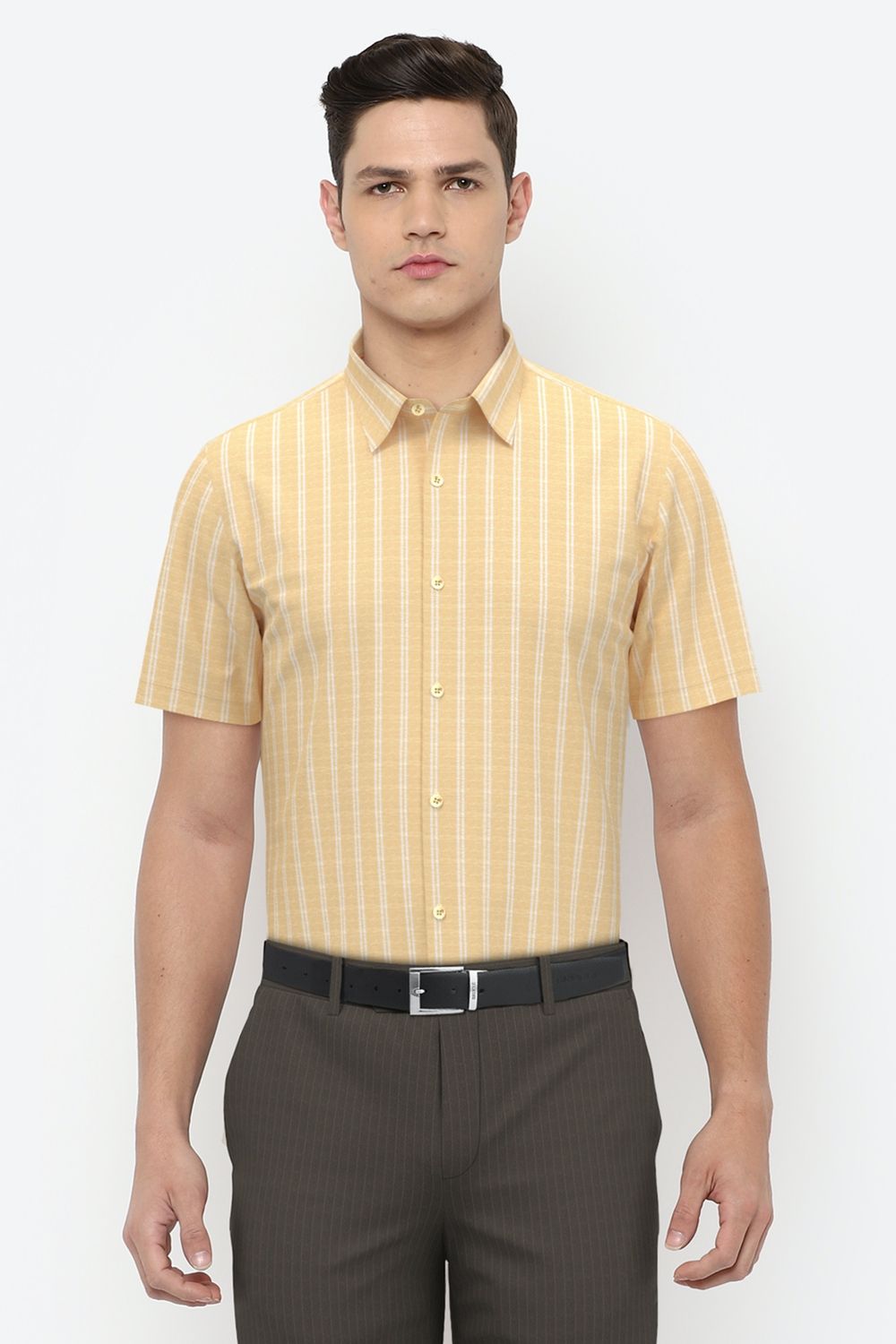Men Orange Slim Fit Stripe Half Sleeves Casual Shirt