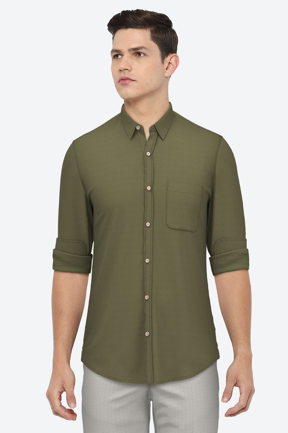 Men Olive Slim Fit Solid Full Sleeves Casual Shirt