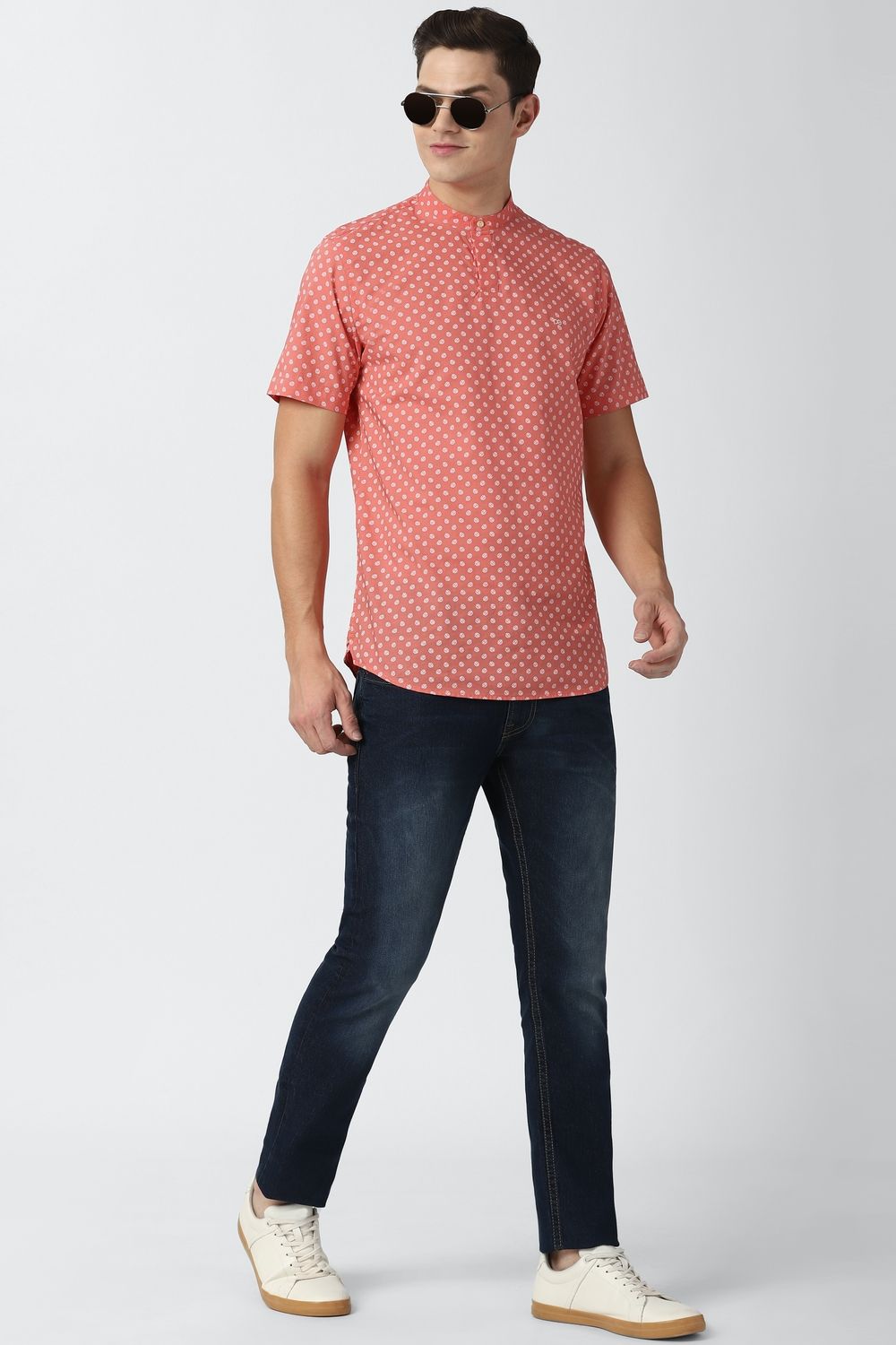 Men Peach Slim Fit Print Half Sleeves Casual Shirt