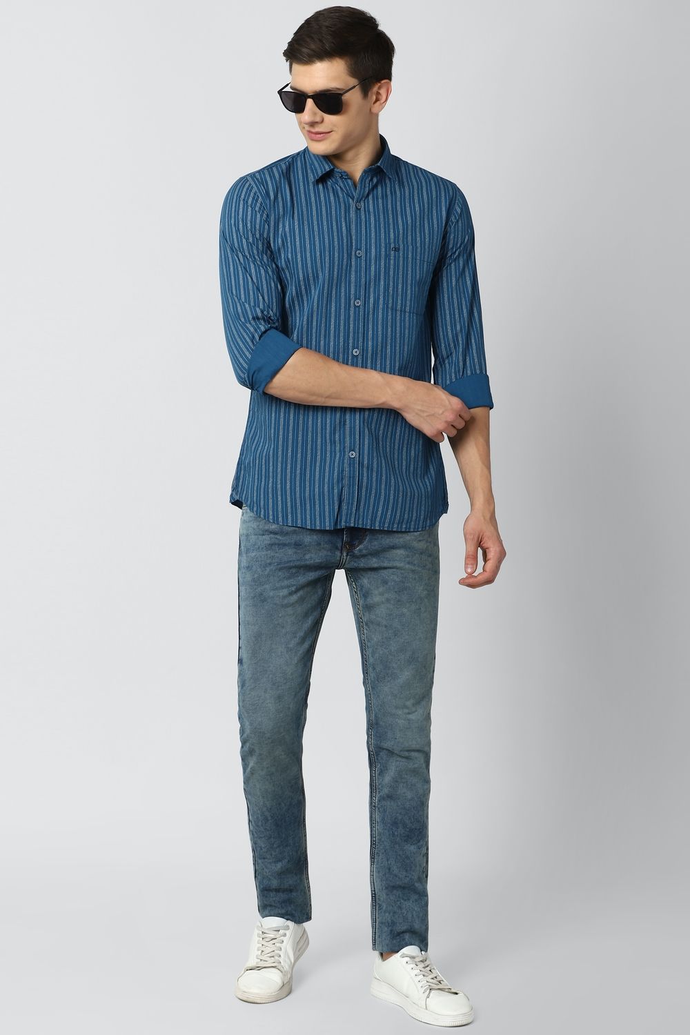 Men Blue Slim Fit Stripe Full Sleeves Casual Shirt