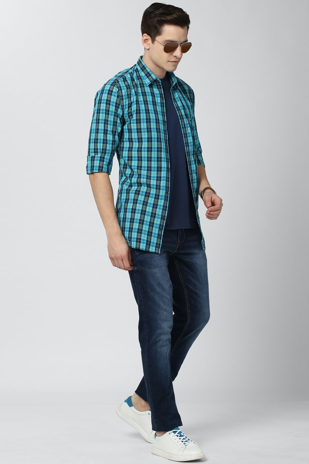 Men Blue Slim Fit Check Full Sleeves Casual Shirt