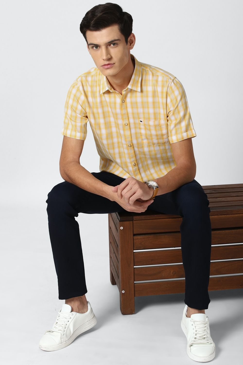 Men Yellow Slim Fit Check Half Sleeves Casual Shirt