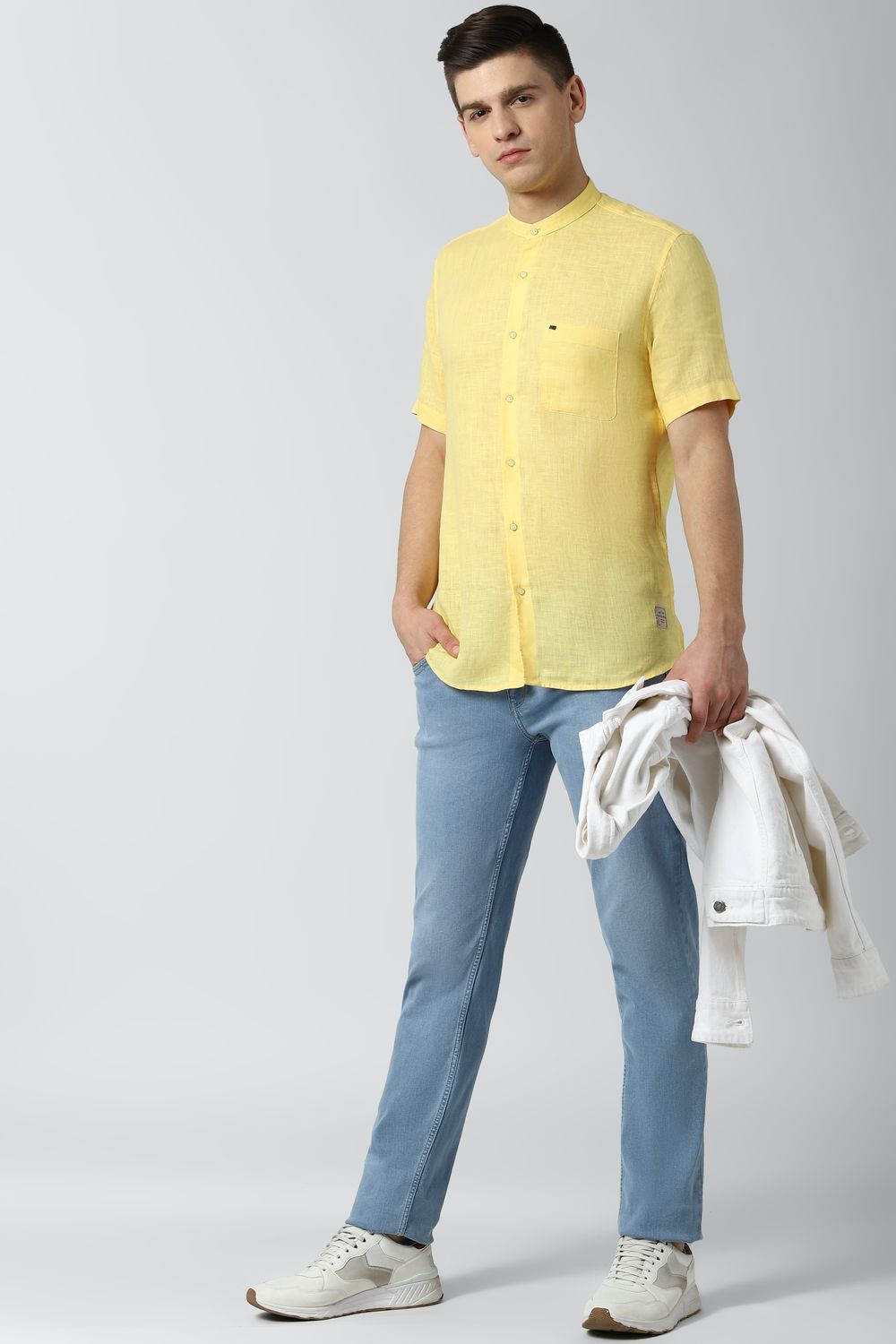 Men Yellow Slim Fit Textured Half Sleeves Casual Shirt