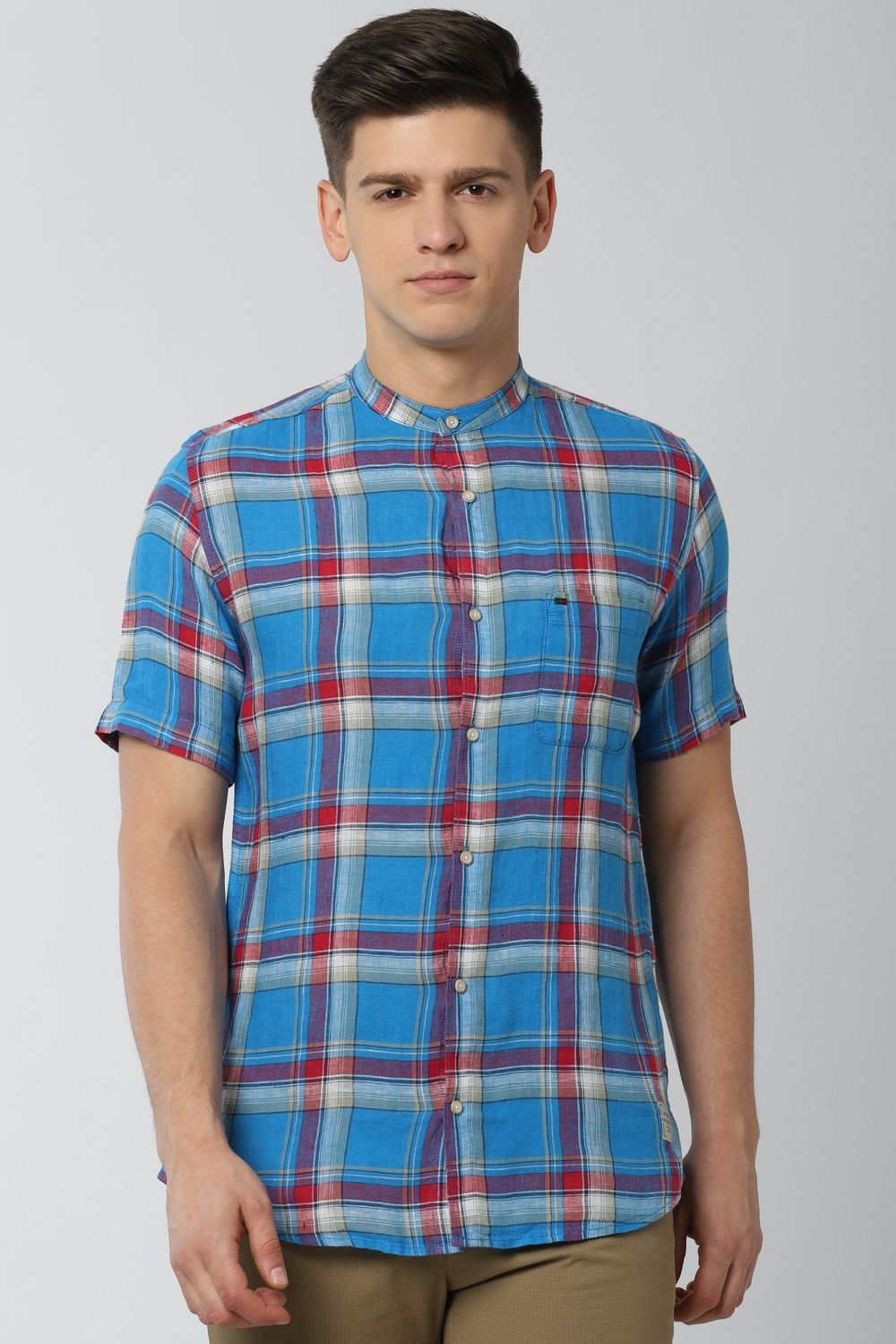 Men Blue Slim Fit Check Half Sleeves Casual Shirt