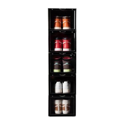 SNEAKARE Shoe Storage Organizer, Set of 5 Black Heavy-Duty Sneaker Box, Stackable Storage Box with Magnetic Closure, Easy Installation Foldable Storage Box, Large, Fits Size UK14