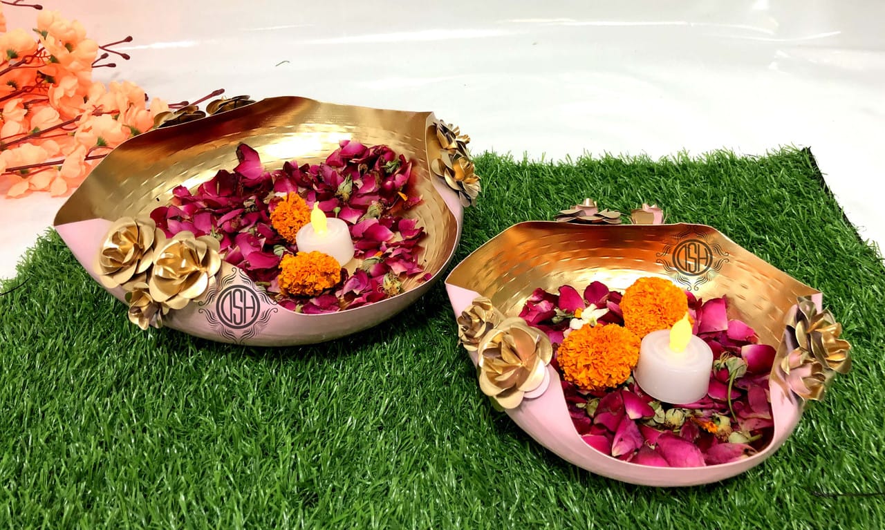 Modern Urli Bowl for Floating Flowers and Candles Home, Designer Table Decor (Pink and Gold)- Set of 2