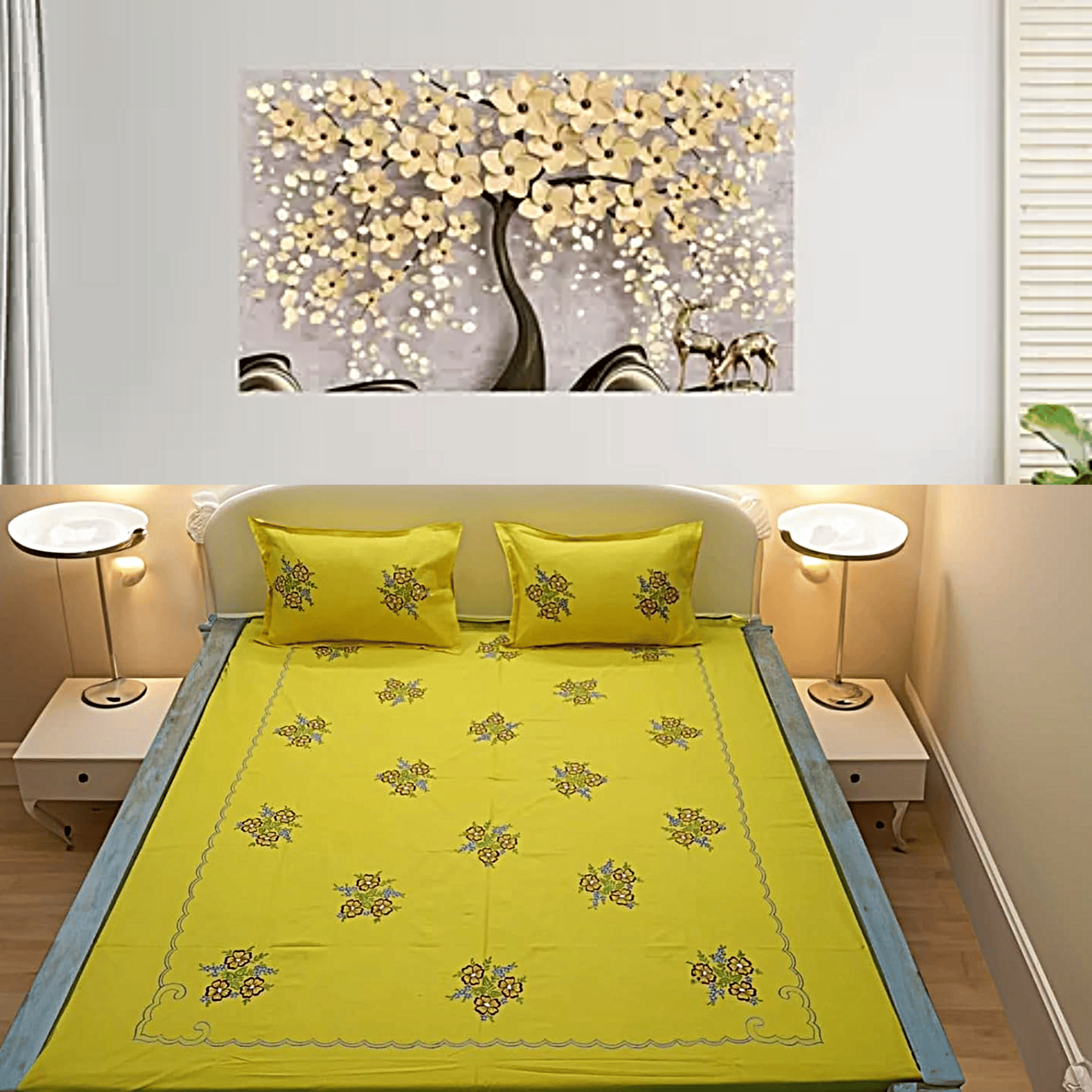 Chikankari King Size 100% Pure Cotton Embroidered Flat Bedsheet Set with 2 Pillow Covers - Luxurious Design and Durable Quality (102x90 inches - Yellow)