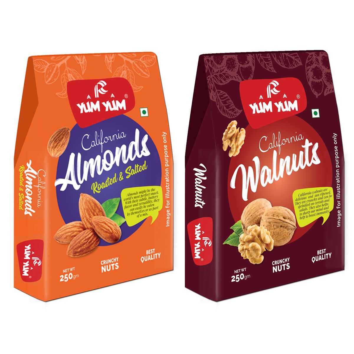 Yum Yum Roasted Almonds & Walnut Kernels(Akhrot Giri) 500g (2 x 250g)