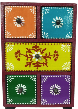 Art & Craft Creations Rajasthani Art Wooden Table with 5 Drawers Handpainted Colourful Side Table for Room & Office