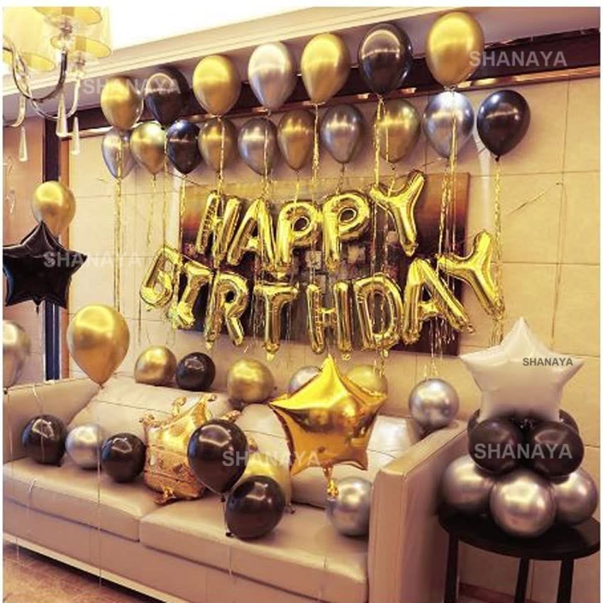 SHANAYA Happy Birthday Decoration Items Kit Combo 61Pcs Set For Girls Boys Husband Wife Happy Birthday Gold Foil Letter Balloons Black Gold White Star Foil Balloon Metallic Balloons Party Supplies
