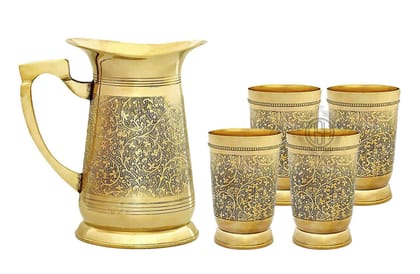 Brass Embossed Engraved Design Jug & Glass Set for Serving Water with 6 Brass Glasses & 1 Jug for Home Decor Drinkware & Tableware (6+1) (1 Jug with 4 Glass) Brass Embossed Engraved Design Jug & Glass Set for Serving Water with 6 Brass Glasses & 1 Jug for Home Decor Drinkware & Tableware (6+1) (1 Jug with 4 Glass)