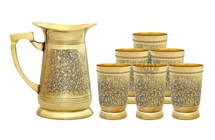 Brass Embossed Engraved Design Jug & Glass Set for Serving Water with 6 Brass Glasses & 1 Jug for Home Decor Drinkware & Tableware (6+1) (1 Jug with 6 Glass) Brass Embossed Engraved Design Jug & Glass Set for Serving Water with 6 Brass Glasses & 1 Jug for Home Decor Drinkware & Tableware (6+1) (1 Jug with 6 Glass)
