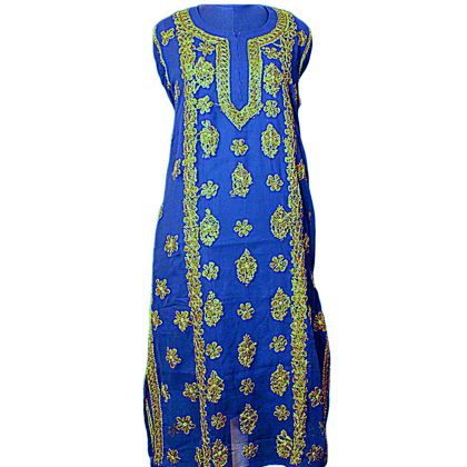 Blue with Golden Embroidery Chikankari Ebroidedry Work Long Kurti