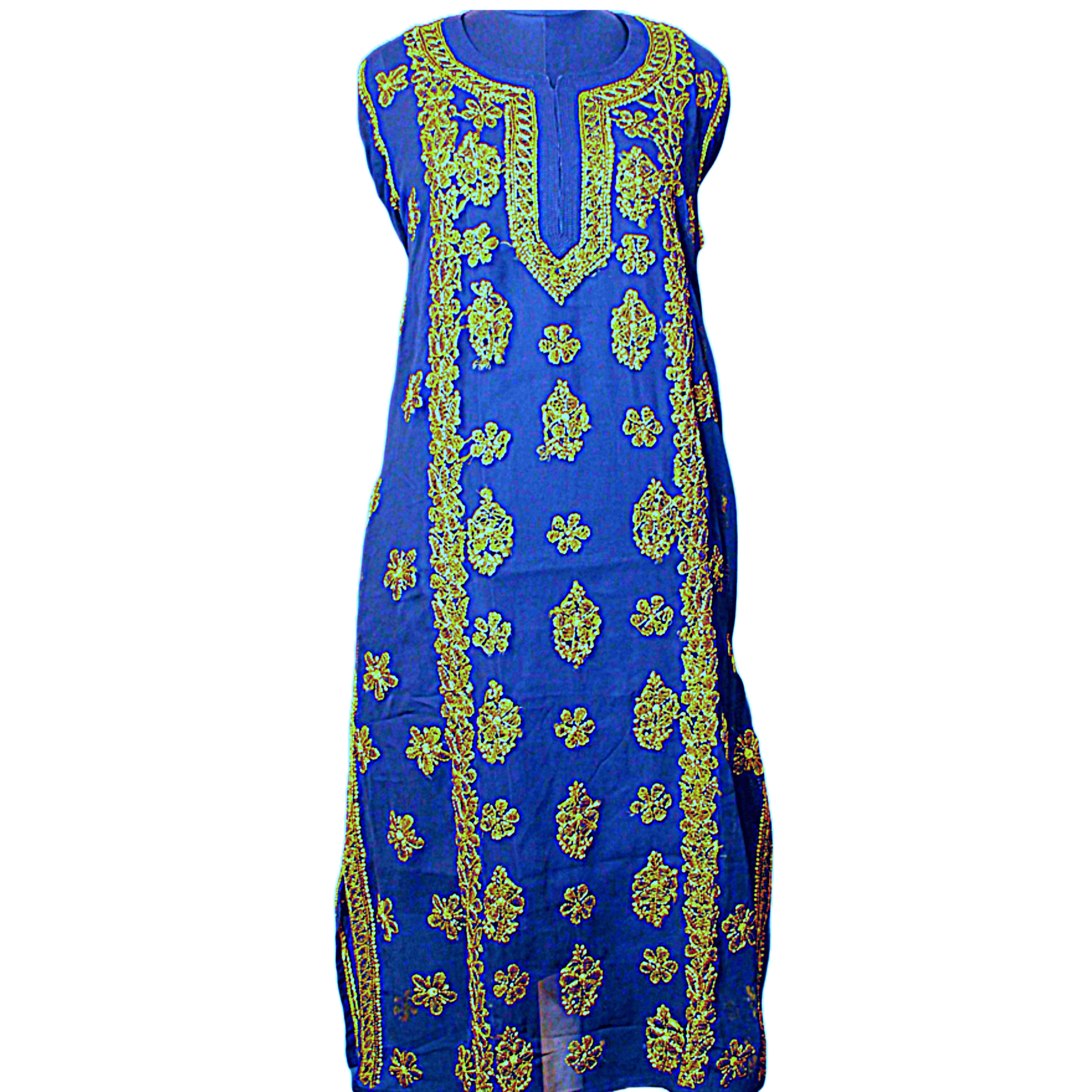Blue with Golden Embroidery Chikankari Ebroidedry Work Long Kurti