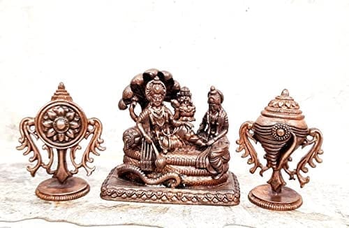 Searchers Paradise - Copper Idols ,2.3 inches, Copper Handmade Vishnu  with Mahalakshmi Lying in Adisesha 320 Grams, Patina Antique Finish, Pack of 1 Piece
