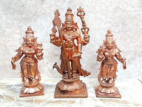 Searchers Paradise - Copper Idols Murugar with Valli and Deivanani ,4.5 inches, Copper Handmade 620 Grams, Patina Antique Finish, Pack of 1 Piece