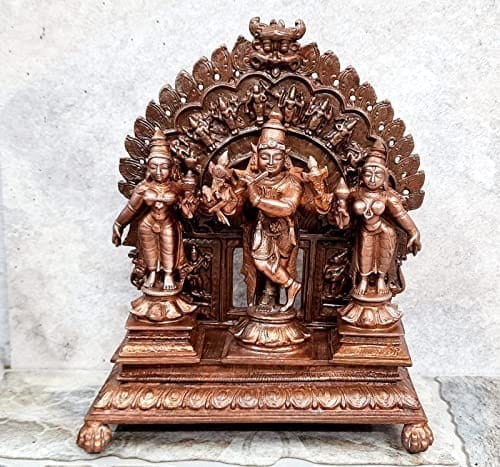 Searchers Paradise - Copper Idols Venugopala with Sridevi and Bhudevi with Dasavadhara Prabhavali,7.2 inches, Copper Handmade 1700 Grams, Patina Antique Finish, Pack of 1 Piece