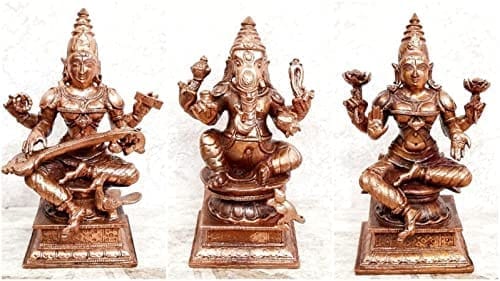 Searchers Paradise - Copper Idols ,Ganesh ,Lakshmi and Saraswathi Combo 4 inches, Copper Handmade 1620 Grams, Patina Antique Finish, Pack of 1 Piece