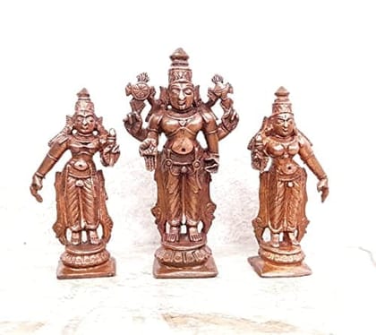 Searchers Paradise - Copper Idols  Srinivasa Perumal with Sridevi and bhudevi,2.8 inches, Copper Handmade 200 Grams, Patina Antique Finish, Pack of 1 Piece