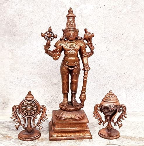 Searchers Paradise - Copper Idols Srinivasa Perumal with Sanghu Chakram ,5.1 inches, Copper Handmade 420 Grams, Patina Antique Finish, Pack of 1 Piece