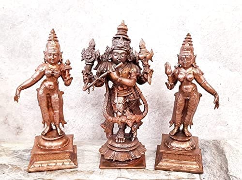 Searchers Paradise - Copper Idols Venugopala Swamy with Sridevi and Bhudevi ,  5.7 inches, Copper Handmade 1500 Grams, Patina Antique Finish, Pack of 1 Piece