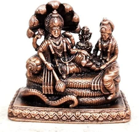 Searchers Paradise - Copper Idols  God Vishnu Along with Mahalakshmi Lying in Adisesha,2.1 inches, Copper Handmade 250 Grams, Patina Antique Finish, Pack of 1 Piece