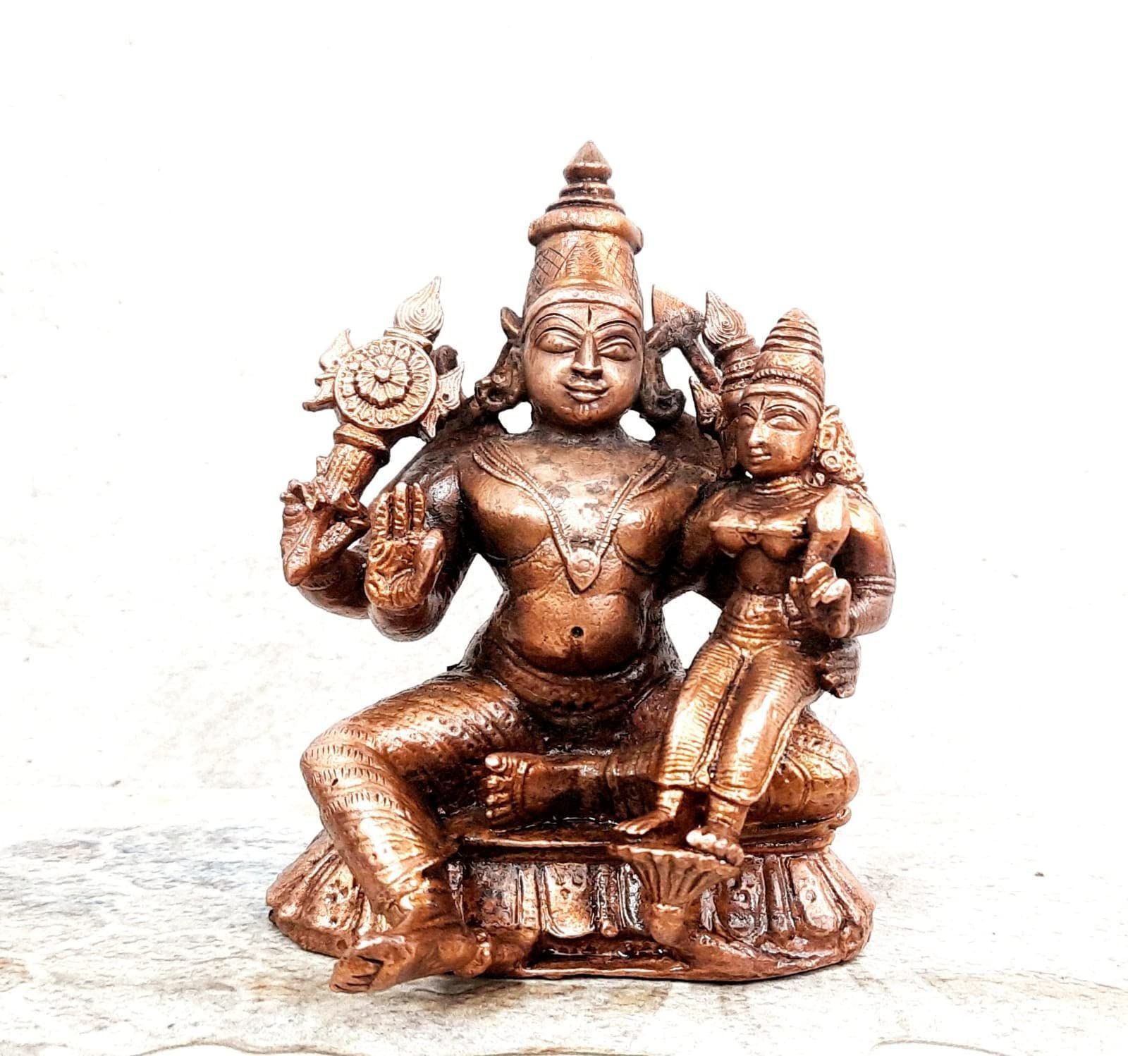 Searchers Paradise - Copper Idols Perumal with Lakshmi,4 inches, Copper Handmade 684 Grams, Patina Antique Finish, Pack of 1 Piece