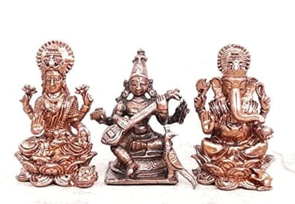 Searchers Paradise - Copper Idols Goddess Lakshmi, Saraswathi and Ganesh, Copper Handmade 164 Grams, Patina Antique Finish, Pack of 1 Piece