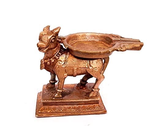 Searchers Paradise - Copper Idols Nandhi with Abishekam Plate,2.7 inches, Copper Handmade 320 Grams, Patina Antique Finish, Pack of 1 Piece