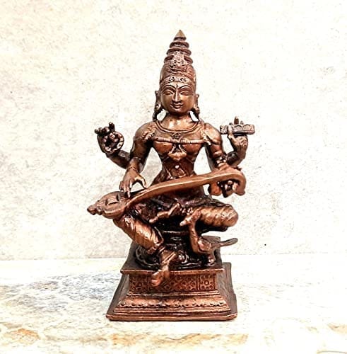 Searchers Paradise - Copper Idols Saraswathi , 4 inches, Copper Handmade 540 Grams, Patina Antique Finish, Pack of 1 Piece