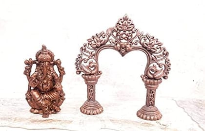 Searchers Paradise - Copper Idols Ganesh With Prabhavalli,3.5 inches, Copper Handmade 210 Grams, Patina Antique Finish, Pack of 1 Piece