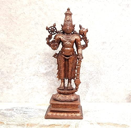 Searchers Paradise - Copper Idols Maha Vishnu,5.2 inches, Copper Handmade 358 Grams, Patina Antique Finish, Pack of 1 Piece