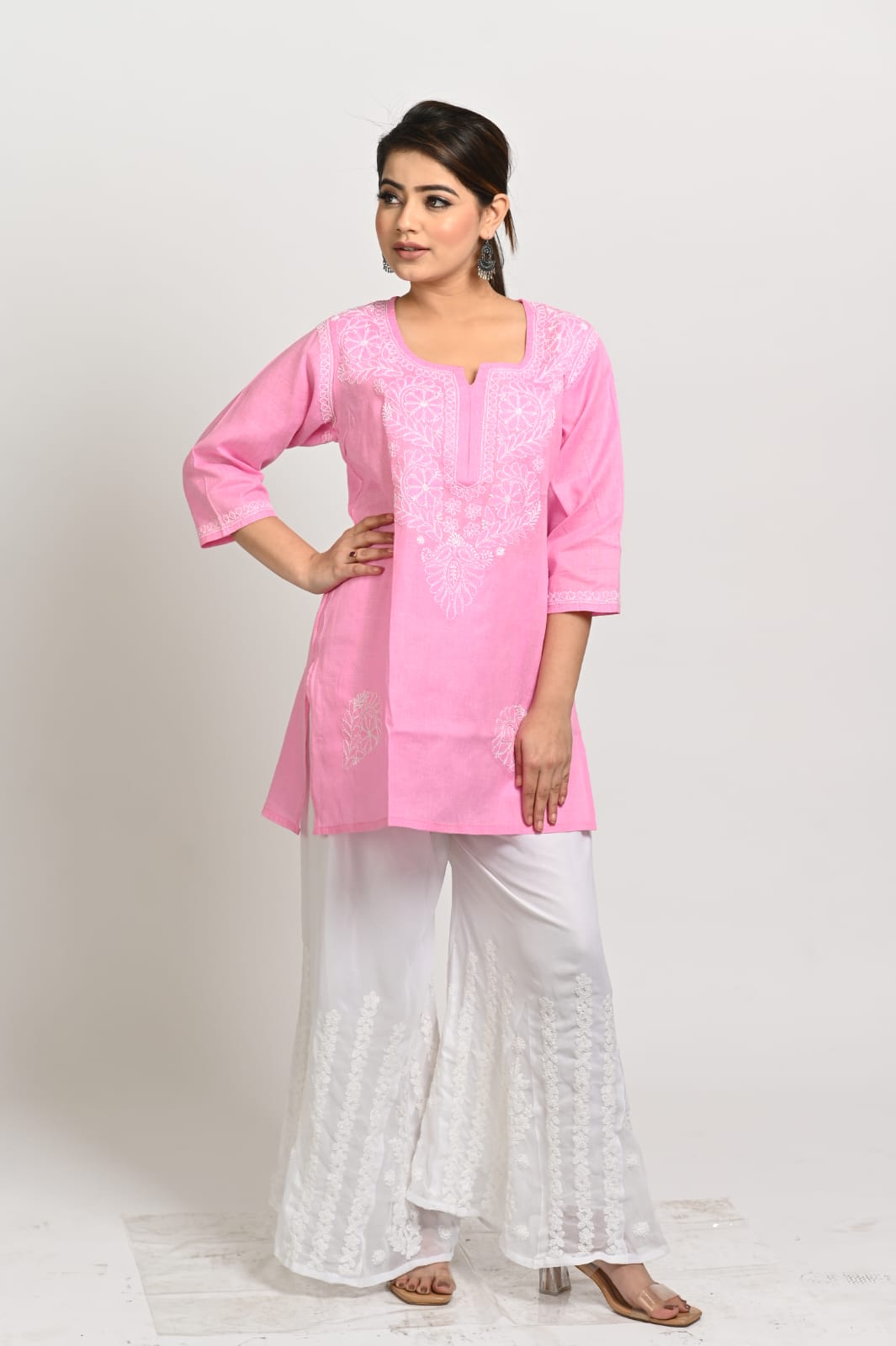 Meraki  Cotton Short Baby Pink Chikankari Kurta