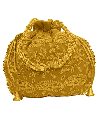 Chikankari Embroidered Potli Bag Circle Shape Colour Lemon Yellow with Yellow Flower Jewellery Set for Women & Girls Mehandi/Haldi Bridal