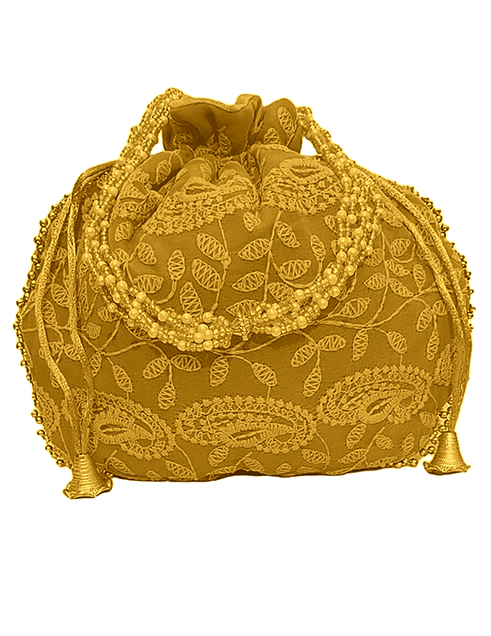 Chikankari Embroidered Potli Bag Circle Shape Colour Lemon Yellow with Yellow Flower Jewellery Set for Women & Girls Mehandi/Haldi Bridal