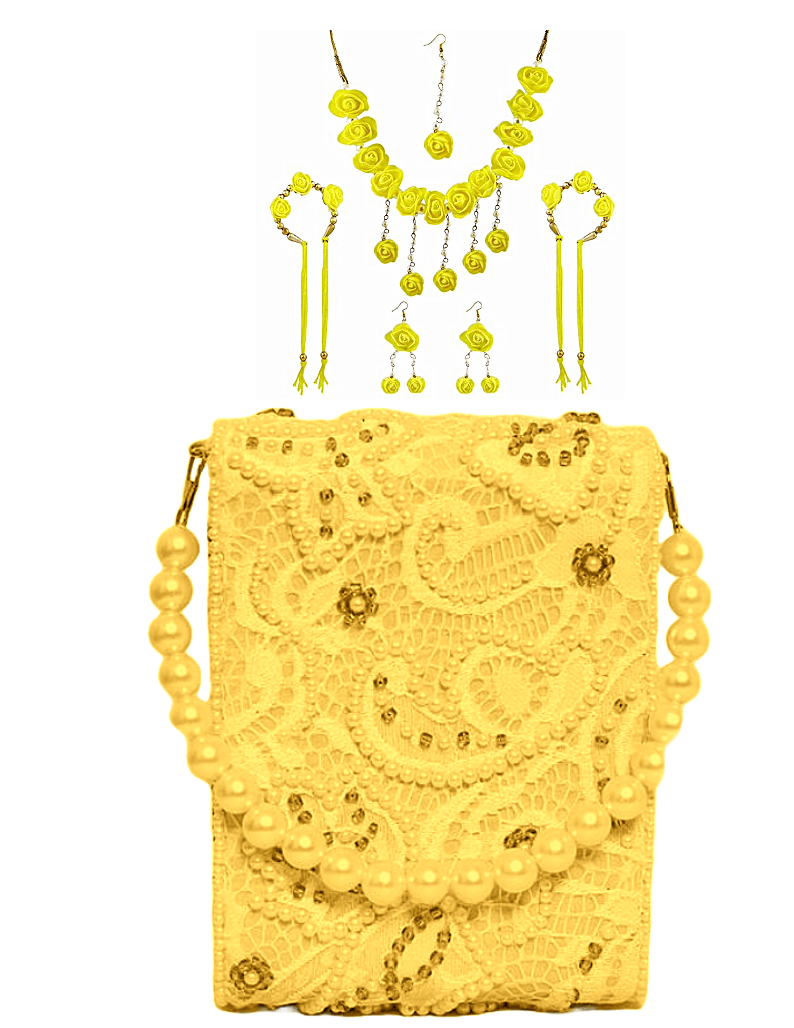 Mobile Pouch Bag| Mehandi | Haldi Bridal | Chikankari Embroidered Bag | Semi-square Shape | Yellow Flower Jewellery Set