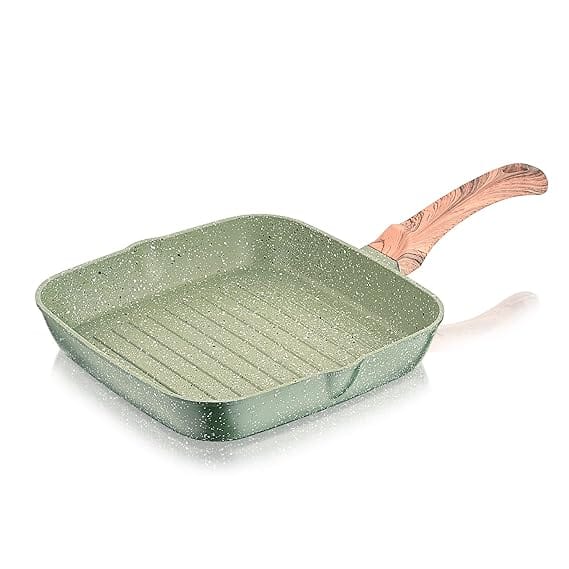 Echt Die Cast Aluminium Non Stick Square Grill Pan(24 cm), Granite Finish,Wooden Finish Soft Touch Handle,idle to stir Fry Veggies,Omelettes and Grill Sandwiches,PFOA Free, 1 Year Warranty, Green